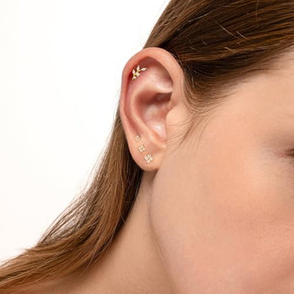 Stud Earring for Women, 14K Gold Silver Plated Hypoallergenic Studs Set | Trendy Cartilage Tragus Helix Clover Flower Earring Stack for Multiple Piercing, Dainty Cute Small Jewelry Gift, Non Tarnish - style: GD-Flower/Branch-4 Pairs