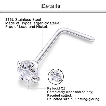 20G 18G 16G Cubic Zirconia Nose Rings Studs 316L Surgical Steel Hypoallergenic Nose Piercings Jewelry for Women Men CZ 2mm-3mm 24 Pcs - color: H:18G Screw + Silver Tone