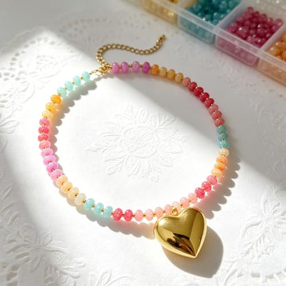 YUJIE Colorful Beaded Necklace for Women, Chunky Boho Choker with Large Gold Puffy Heart Pendant, Trendy Summer Beach Y2K Statement Jewelry Gift - color: heart