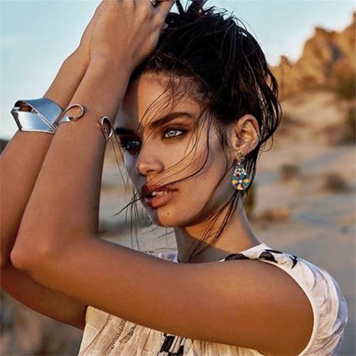 6 Pairs Bohemian Copper Crystal Teardrop Clip On Earrings for Women Handmade Colorful Enamel Floral Dangle Drop Earrings Retro Tribal Style Geometric Design Jewelry Gifts - color: Gold