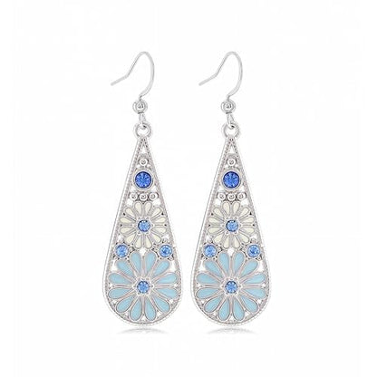 Bohemian Crystal Teardrop Dangle Earrings, Copper, Tribal Geometric Design, Handmade National Style for Women - color: Light Blue