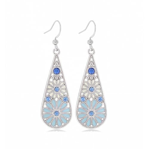 Bohemian Crystal Teardrop Dangle Earrings, Copper, Tribal Geometric Design, Handmade National Style for Women - color: Light Blue