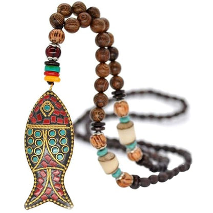 Wood Bead Necklace Africa Wooden Chain Statement Unisex Chunky Necklaces - color: Fish