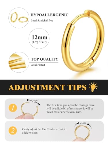 Small Hoop Earrings for Women 7-16mm Stainless Steel Huggie Earrings Lightweight - color: c. Gold A, size: Diameter 12mm