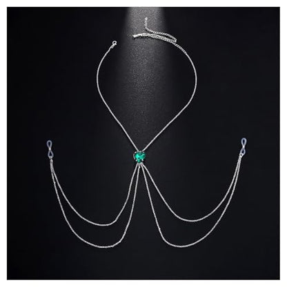 Crystal Heart Non Piercing Nipple Chain Layered Tassel Chest Chain Jewelry Festival Nipple Accessory Jewelry for Women - color: Green