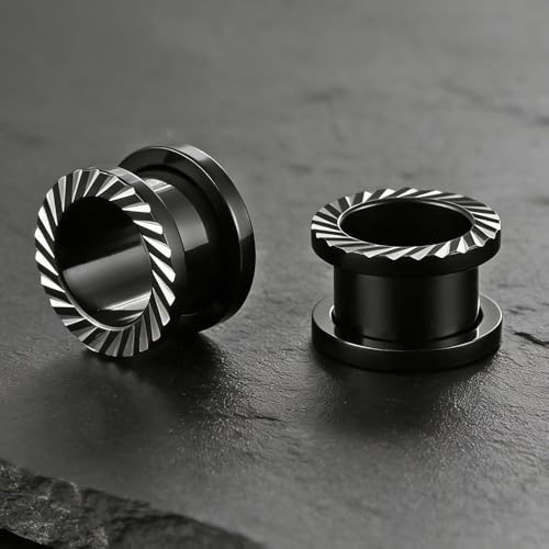 ARTFAN Black Silver Ear Gauges, 4PCS Stainless Steel Screw Plugs Tunnels Gauges for Stretched Ears, Ear Gauges Stretcher for Women Men, Hypoallergenic Body Piercing Jewelry - size: 00g (10mm)