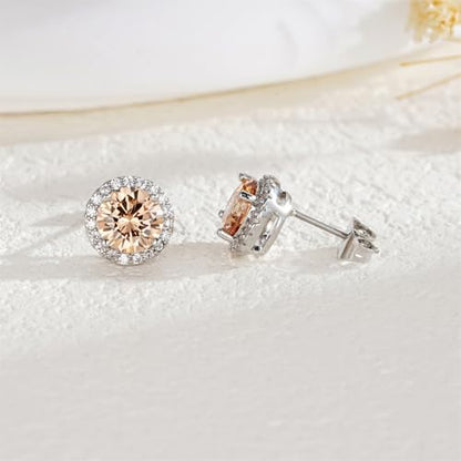YOMELA Round Cubic Zirconia Stud Earrings for Women | Everyday Dainty, Diamond-Like Brilliance, CZ Halo Birthstone Studs, Hypoallergenic & Lightweight, Elegant & Versatile - color: Champagne