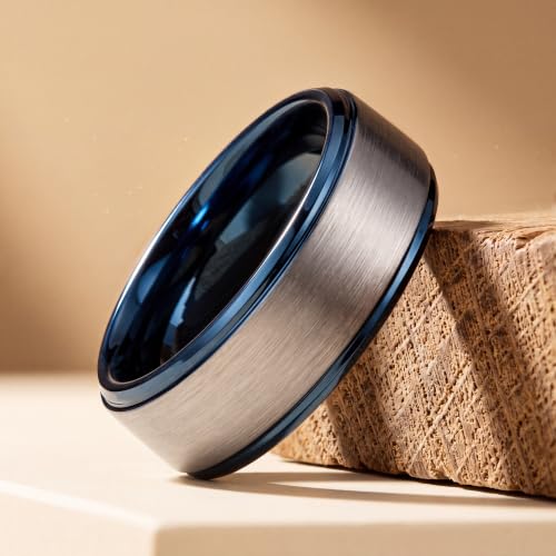 Tungsten Wedding Band Ring Black 10mm Men Women Comfort Fit 18k Rose Gold Step Edge Brushed Polished - color: Blue Grey Tungsten