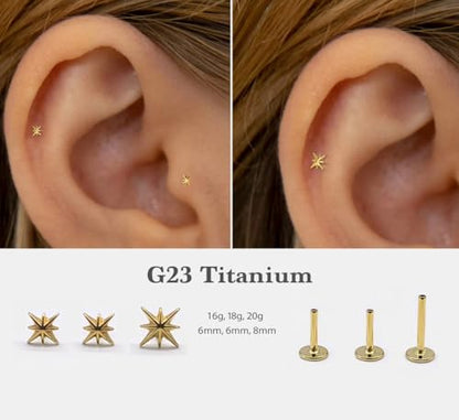 20G/18G/16G Titanium Flat Back Earrings, Threadless Nose Stud Tiny Stud Earrings, Cartilage Tragus Piercing Jewelry Conch Helix Stud - color: Starbust (gold 3pcs), size: 18ga(1.0mm)