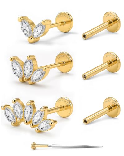 YACHY ASTM F136 G23 Titanium Flat Back Stud Earrings, Internally Threaded Screw-On Hypoallergenic Body Piercing Jewelry for Everyday Wear, Tragus Helix Conch Monroe Medusa Lip, 18G 6mm 8mm - color: Luna Laurel--3pcs+3bar--Gold, size: 6mm+8mm