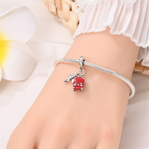 Pandach 925 Sterling Silver Charms for Bracelets and Necklaces Travel Round The World Beads Charms Relaxation Dangle Pendant,Jewelry Beads Gifts for Women - style: Red Luggage Charms