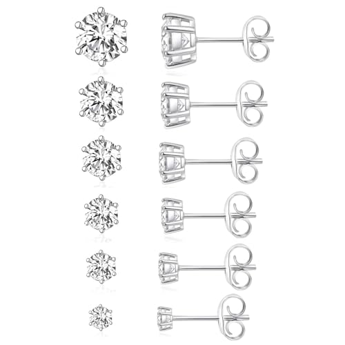 18K Gold Plated Round Princess Cut Clear Cubic Zirconia Stud Earring of 6 Pairs - color: C-white