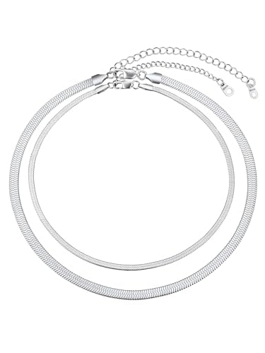 ChainsHouse Flat Snake Chain Herringbone Choker Necklace for Women, Stainless Steel/Rose Gold/18K Gold Plated Dainty Adjustable Simple Short Layered Necklaces, 12"/15"/18" with 3.5" Extender - color: b. layered-3mm+5mm-silver