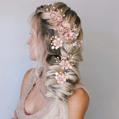 BOYIVI 4 Pieces Bridal Floral Hair Comb and Pins, Pink Alloy with Rhinestones, Plump Smooth Pearl and Fake Petal Wedding Hair Accessories for Brides, Bridesmaids, Women, Girls - color: Pink