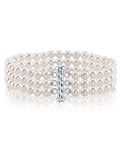 The Pearl Source Sterling Silver AAAA Quality Round White Triple Freshwater Cultured Pearl Bracelet for Women - size: 6.0-6.5mm, style: 7" Length