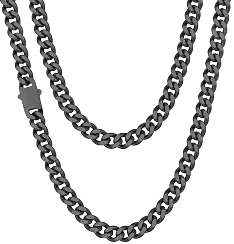 Fiusem Silver Tone/Black/14K Gold Plated Chain Necklace for Men, 5mm/6mm/7.5mm/8mm/9mm Stainless Steel Cuban Link Chain Necklace, Men's Chains 18-28 Inch Jewelry Gifts - size: 18", style: 6mm black