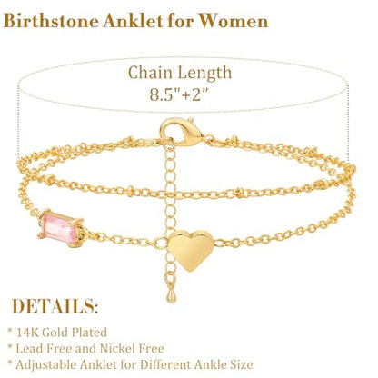 Birthstone Anklet with Heart Charm Layer Ankle Bracelet for Women, 14K Gold Plated Adjustable Chain Stackable Trendy Jewelry Gift for Her, Mom, Friend, Wife - style: 12-December