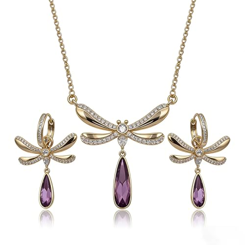 Gold Dragonfly Jewelry Set, Purple Teardrop Crystal Paved Wing Pendant Necklace & Leverback Earrings