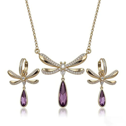 Gold Dragonfly Jewelry Set, Purple Teardrop Crystal Paved Wing Pendant Necklace & Leverback Earrings