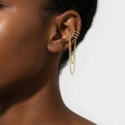 SLUYNZ 925 Sterling Silver No Piercing Cuff Earrings Chain for Women Wrap Earrings Tassel Clip On Ear - color: Gold Plated