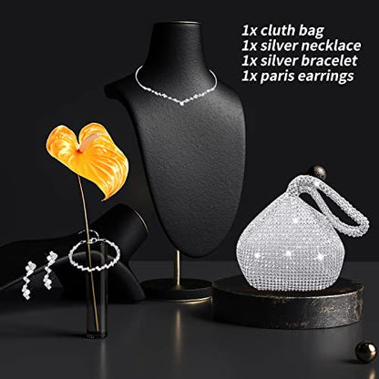 Ditard 4 Pieces Rhinestone Jewelry Set Women Clutch Purse for Prom Sets Wedding Bridal Bracelet Necklace Dangle Ear Clip Crystal Party (Sweet Style), Silver