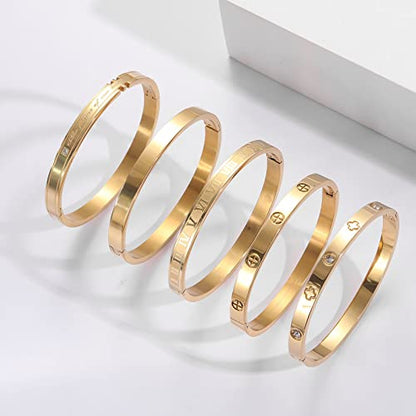 PDWZNBA 18K Gold-Plated Love Friendship Bracelets Trendy Stainless Steel Bangle Jewelry Gifts for Women - style: Glossy-Gold