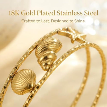 Starfish Open Cuff Bracelet for Women – 18K Gold Plated Stainless Steel, Adjustable Ocean-Inspired Arm Cuff, Waterproof, Hypoallergenic Beach Jewelry Gift - color: Starfish-Seashell 1