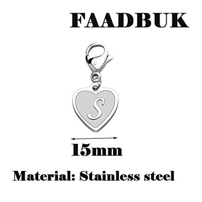 FAADBUK Initial Letter A-Z Alphabet Heart Charms for Jewelry Bracelet Keychain Necklace Initial Stainless steel Clasp Clip on Charm - color: intial S