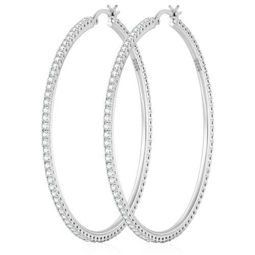 2MM S925 Sterling Silver Post Cubic Zirconia Hoop Earrings Hypoallergenic | 14K Gold Plated - color: Silver-50MM