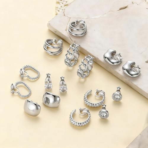 13 Pairs Clip on Earrings for Women Chunky Non Pierced Hoop Earrings CZ Pearl Knot Croissant Tube Twist Stud Hoop Clip on Earring Set Fake Earrings Clips Jewelry 14K Gold Silver Plated - color: Silver
