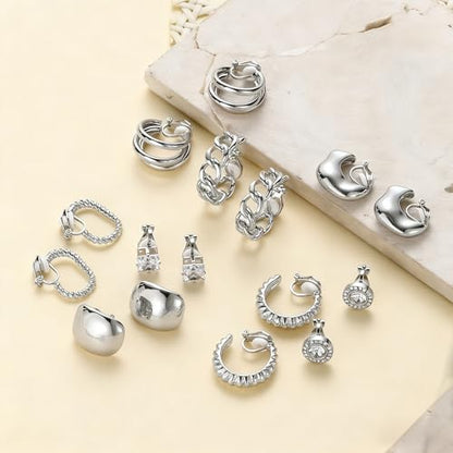 13 Pairs Clip on Earrings for Women Chunky Non Pierced Hoop Earrings CZ Pearl Knot Croissant Tube Twist Stud Hoop Clip on Earring Set Fake Earrings Clips Jewelry 14K Gold Silver Plated - color: Silver