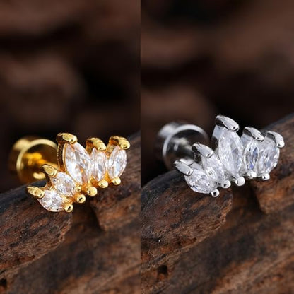 Stainless Steel 5-Stone Marquise-Cut Cubic Zirconia Flat Back Stud Earrings, 1 Pair Screw Back Ear Crawler Earrings for Women, Dainty Jewelry for Sensitive Ears Unique Gift Idea (Silver/Gold) - color: Silver