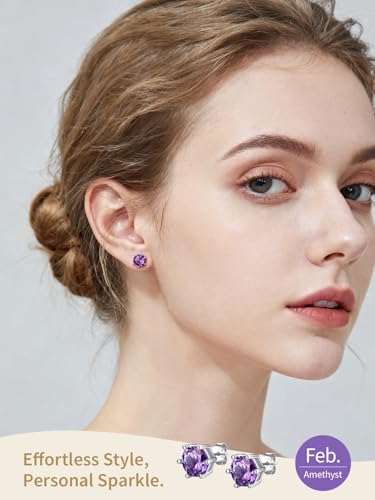 FindChic 2 Carat Birthstone Stud Earrings for Women, Round/Heart/Princess Cut Stud Earrings, Hypoallergenic Studs with 925 Sterling Silver Posts, 12 Months Birthday Jewelry Gift - color: 02. February-Amethyst(Round Cut )