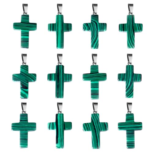 12PCS Natural Stone Cross Pendant Gemstone Charms Bulk for Jewelry Making | Healing Crystal Quartz Chakra Reiki Gemstone Pendants Charms Bulk for Necklace Craft - color: Malachite Cross(Synthetic)