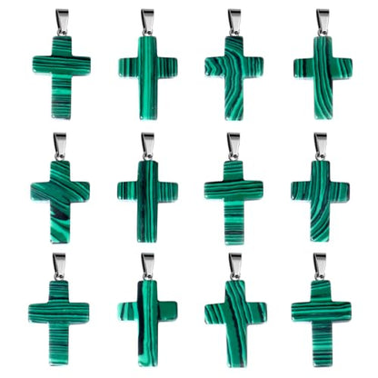 12PCS Natural Stone Cross Pendant Gemstone Charms Bulk for Jewelry Making | Healing Crystal Quartz Chakra Reiki Gemstone Pendants Charms Bulk for Necklace Craft - color: Malachite Cross(Synthetic)