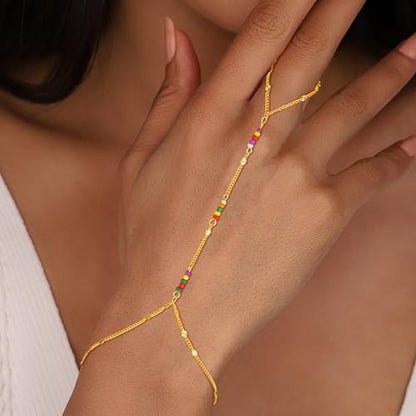 Hand Chain Bracelets for Women - 14K Real Gold Plated Dainty Stackable Paperclip Link Bracelets Hand Chain Bracelet Ring Gold Bracelets for Women Trendy - color: Colorful Sparkle Hand Chain