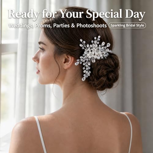 Wedding Hair Comb Pearl Crystal Bridal Hair Piece | Rhinestone Wedding Hair Accessories，Silver Hair Comb Clip for Women Wedding Party - color: Silver-850