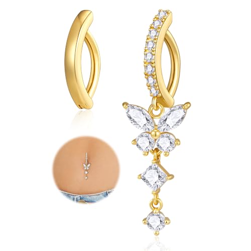 Apsvo 2Pcs Belly Button Ring for Women Surgical Steel CZ Clicker Belly Rings Hoop Teardrop Heart Dangle Belly Button Piercing Simple Reverse Navel Piercing Jewelry 14G - color: Gold-Butterfly