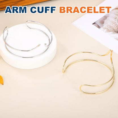 MECCANIXITY 2Pcs Arm Cuff Bracelet for Women, Two-Wire Upper Arm Cuffs Open Adjustable Minimalist Cuff Bangle Bracelet Set Stackable Armband - color: Gold Silver
