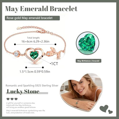 1CT Rose Heart Birthstone Bracelet for Women Love Gift - style: 05-May Emerald Rose Gold