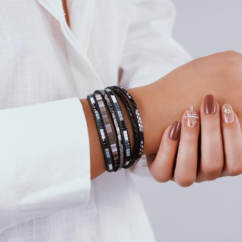 Boho Leather Wrap Bracelets Beaded Stackable Cuff Bracelet Country Concert Outfits Cowboy Cowgirl Western Jewelry Gifts for Women - color: 2layer-Black