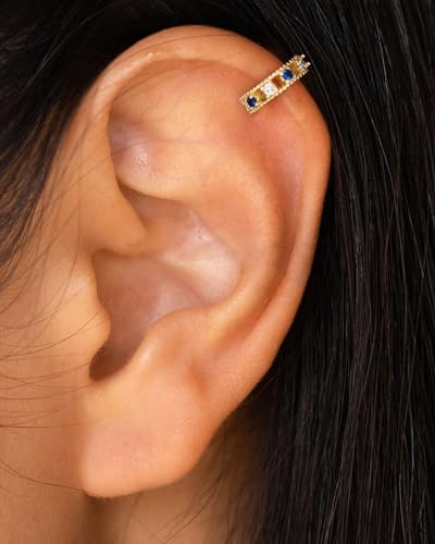 Ear Cuff for Women, 14K Gold/White Gold Plated Ear Cuffs Non Piercing Hypoallergenic Jewelry Gift - color: sapphire gold