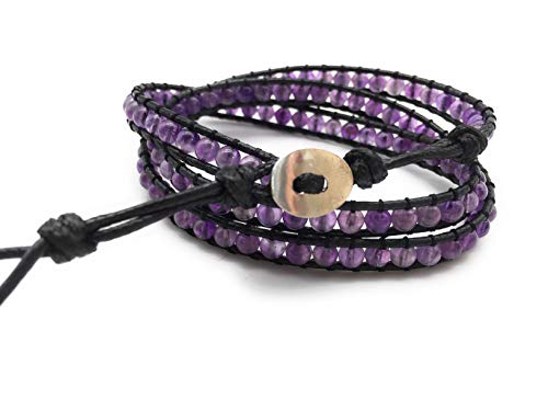 Handmade Alloy Leather Natural Stone Bead Statement Bracelet Bangle Cuff Rope 3 Wrap Adjustable Jewelry Collection - color: Amethyst & Black Leather Cord