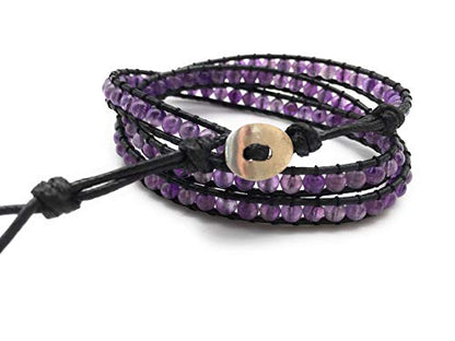 Handmade Alloy Leather Natural Stone Bead Statement Bracelet Bangle Cuff Rope 3 Wrap Adjustable Jewelry Collection - color: Amethyst & Black Leather Cord
