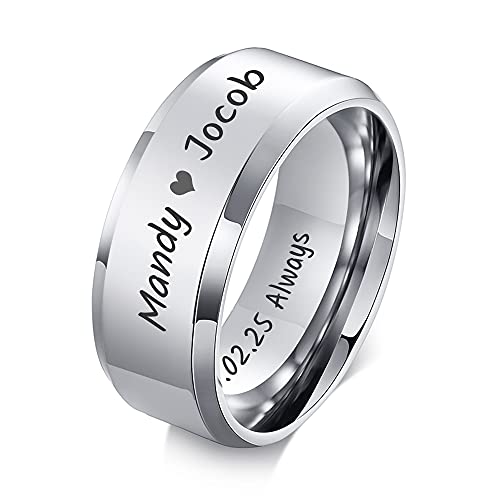 VNOX Customize Personalized Name Date Stainless Steel Simple Polished Finish Wedding Band Engagement Rings for Men Women,Size 6 - color: 8MM-Silver-Customize