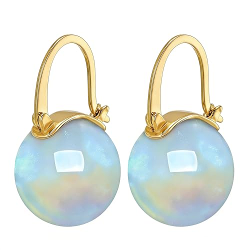 HUGE TOMATO Elegant 925 Sterling Silver Pearl Drop Earrings for Women, 14K Gold Plated Dangle Stud Earrings, Hypoallergenic Large Pearl Hoop Earring dangling 12mm - color: Opal