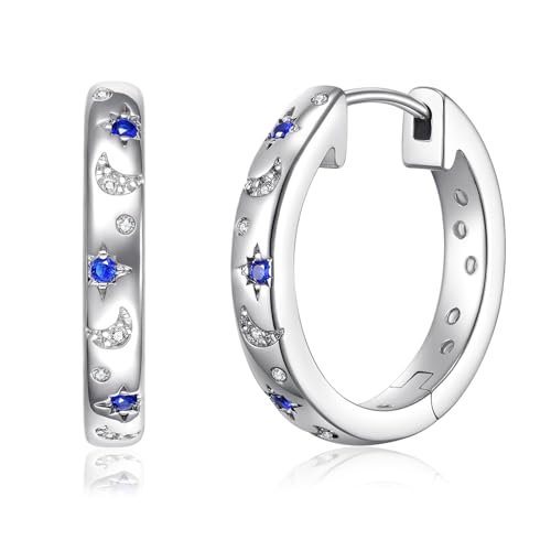 JSGEMSLEE Hypoallergenic Cubic Zirconia Hoop Earrings for Women 925 Sterling Silver Huggie Hoops Earrings CZ Earrings Jewelry Gifts - color: Star Moon Hoop
