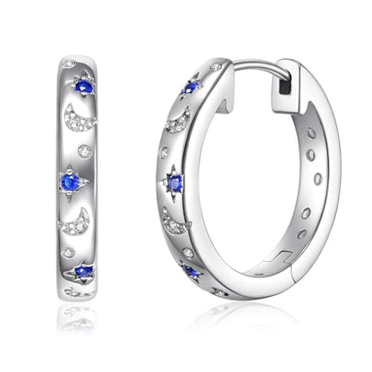JSGEMSLEE Hypoallergenic Cubic Zirconia Hoop Earrings for Women 925 Sterling Silver Huggie Hoops Earrings CZ Earrings Jewelry Gifts - color: Star Moon Hoop