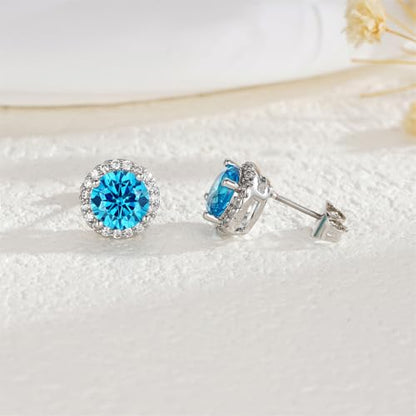 YOMELA Round Cubic Zirconia Stud Earrings for Women | Everyday Dainty, Diamond-Like Brilliance, CZ Halo Birthstone Studs, Hypoallergenic & Lightweight, Elegant & Versatile - color: Topaz Blue