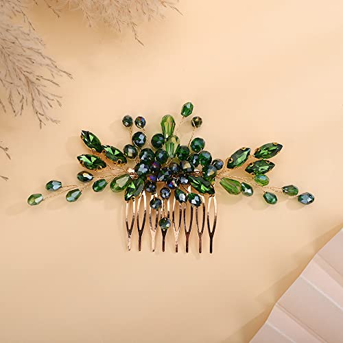 Teyglen Rhinestone Wedding Headpieces Bridal Green Crystal Hair Comb Hair Accessories for Bride Handmade Red Black Blue Hair Pieces for Women Girls(Green) - color: Green